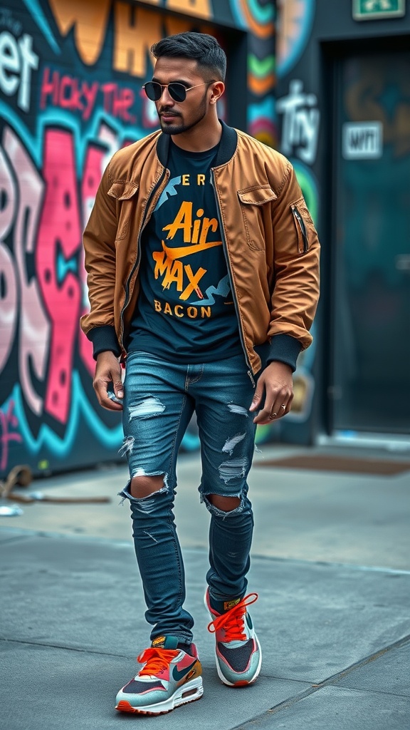 Man in graphic tee and jeans with Air Max 90 Bacon sneakers in an urban setting.
